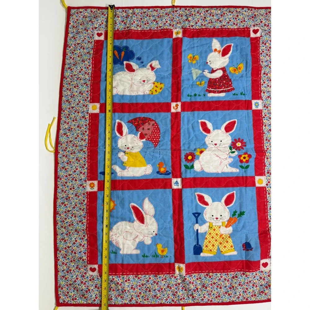 Vtg Bunny Quilt Blanket Crib Wall Hanging Applique Calico Floral Red Blue Ties